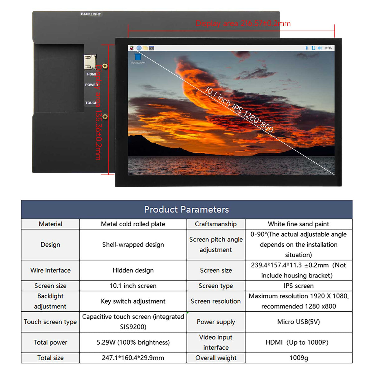 10.1-inch Touch Screen With Metal Case Bracket For RaspberryPi Jetson