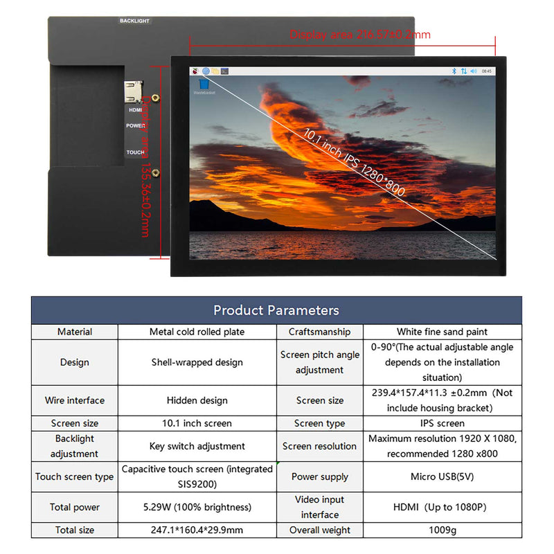 10.1-inch Touch Screen With Metal Case Bracket For RaspberryPi Jetson