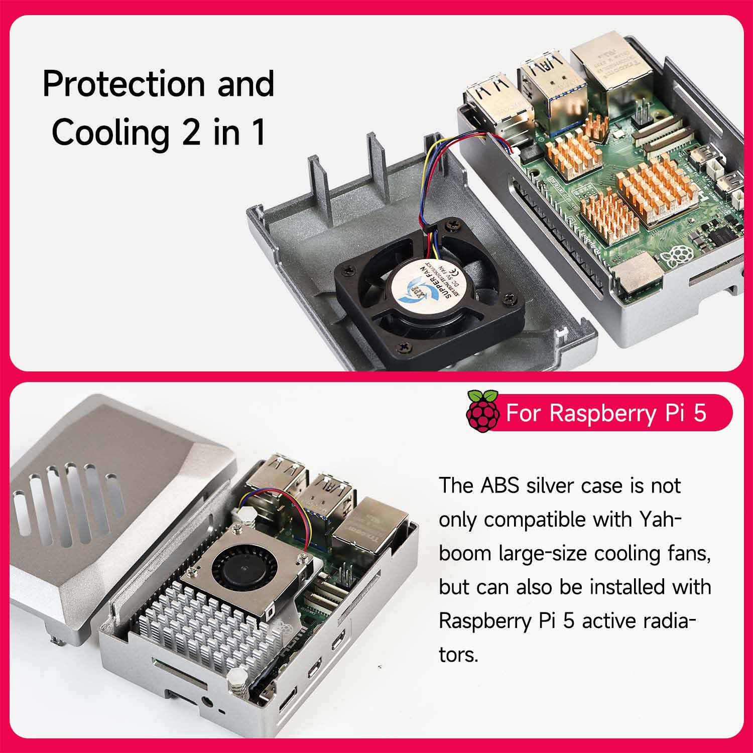 Carcasa ABS plateada para Raspberry Pi 5 con ventilador de refrigeración PWM