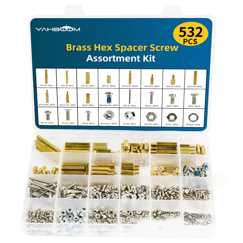 Yahboom 532PCS M3 M2.5 M2 Brass Hex Spacer Copper pillar Screws Nuts and washers Assortment Set Kit