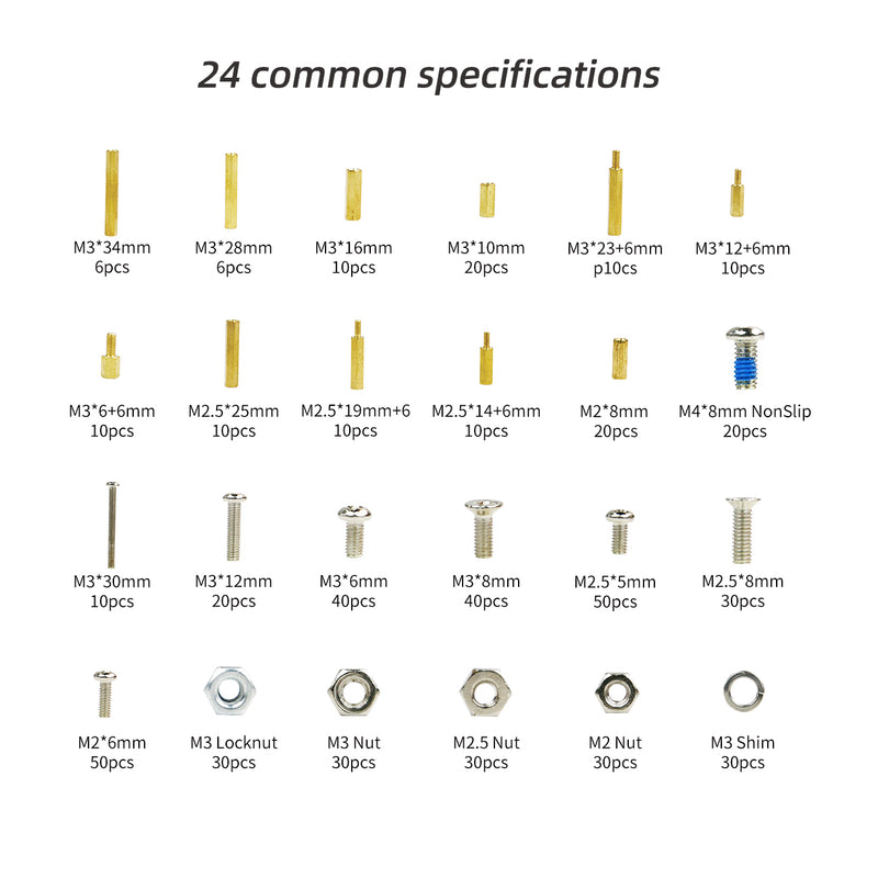 Yahboom 532PCS M3 M2.5 M2 Brass Hex Spacer Copper pillar Screws Nuts and washers Assortment Set Kit