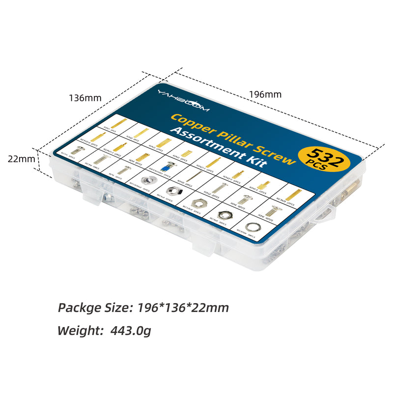 Yahboom 532PCS M3 M2.5 M2 Brass Hex Spacer Copper pillar Screws Nuts and washers Assortment Set Kit