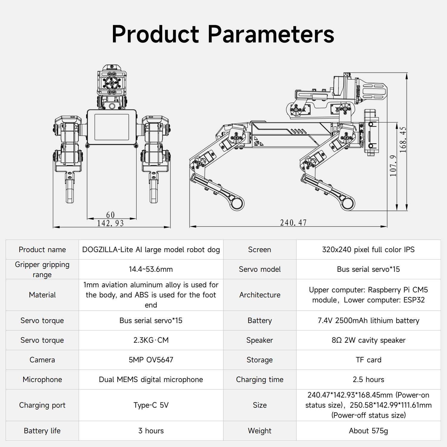 DOGZILLA-Lite robot Product Parameters