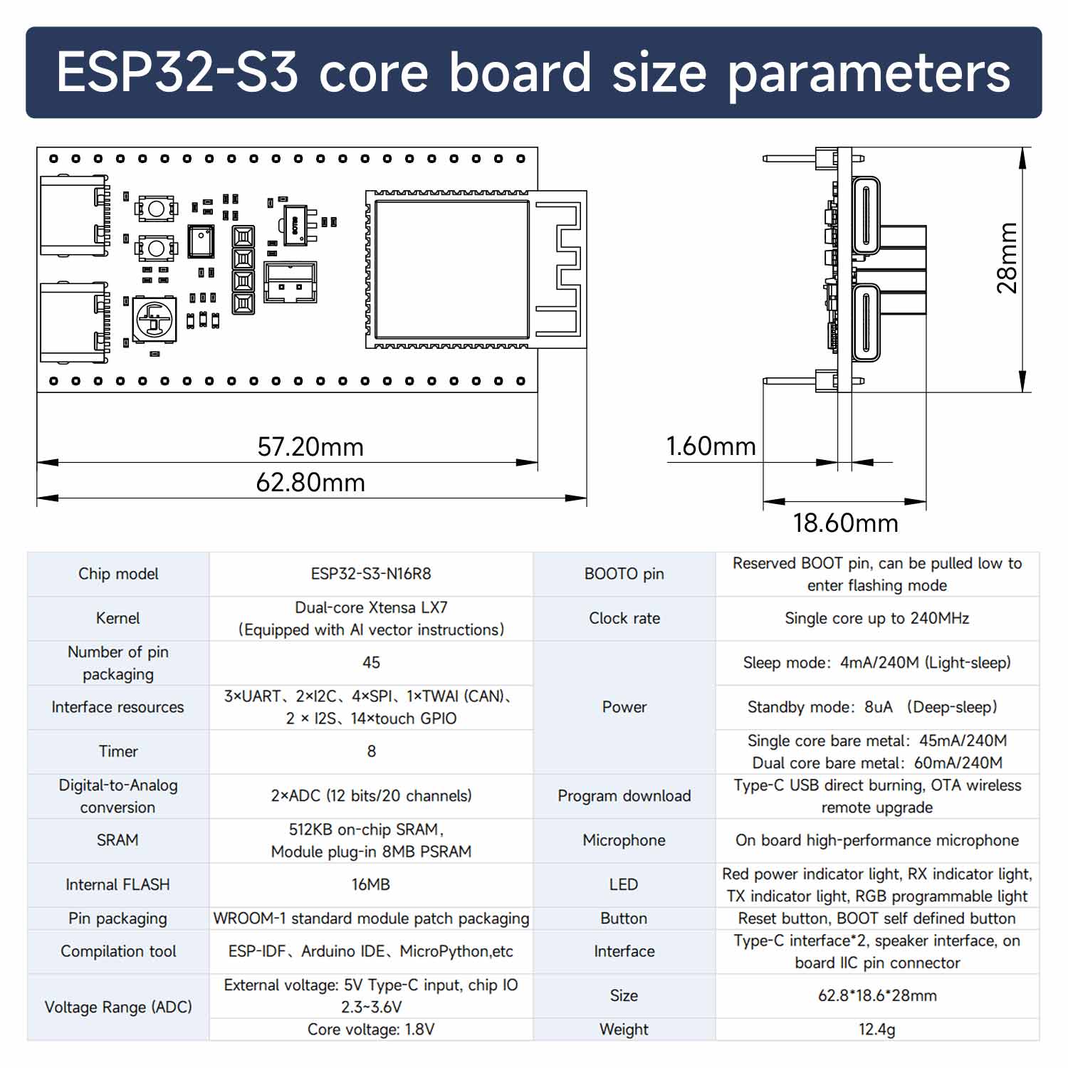 ESP32-S3 core board 16MB Flash 8MB PSRAM built-in 2.4GHz WiFi Bluetooth LE