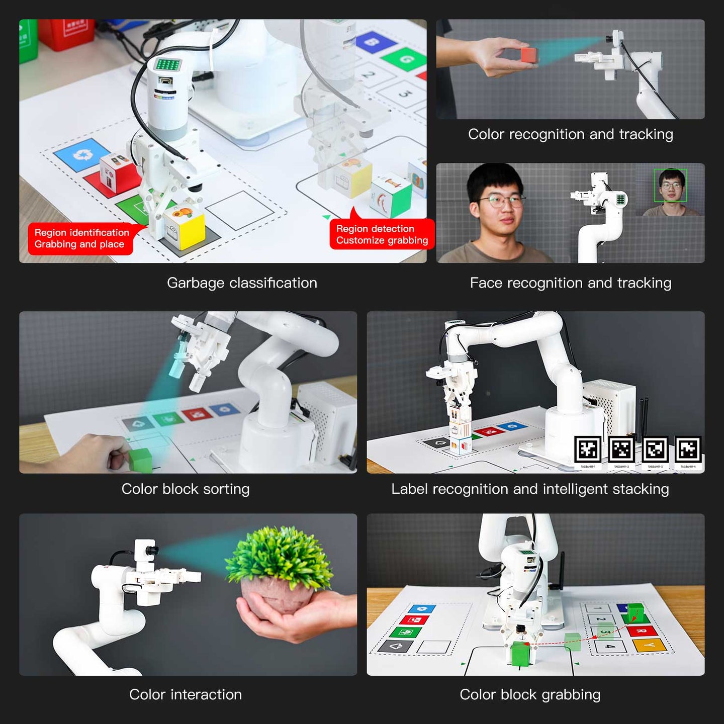 JetCobot 7 DOF robotic arm supports AI vision: color and face recognition tracking, garbage classification