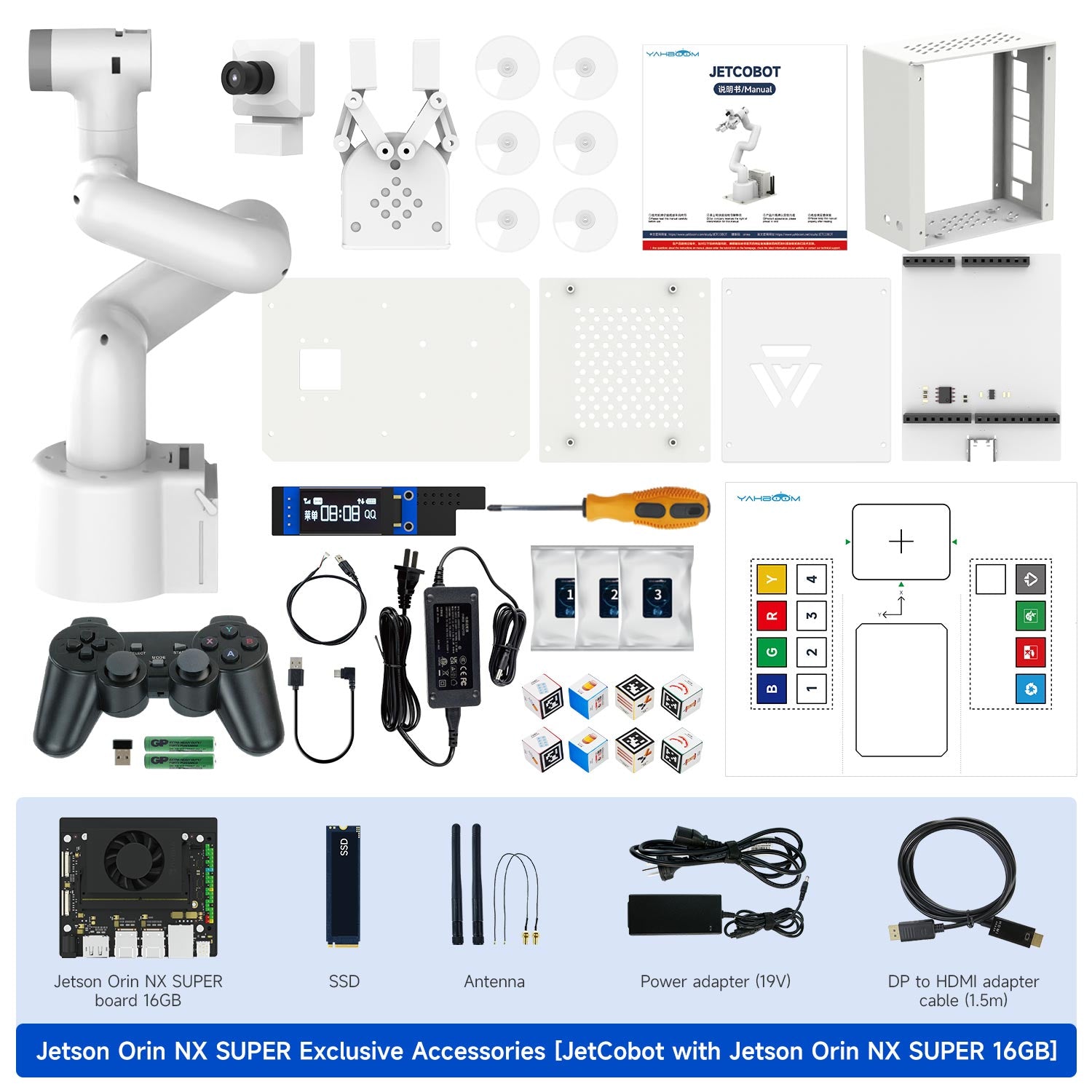 JetCobot with Jetson ORIN NX SUPER delivery list: robotic arm, gripper, USB camera, handle, 16GB main board, map, 64G U disk