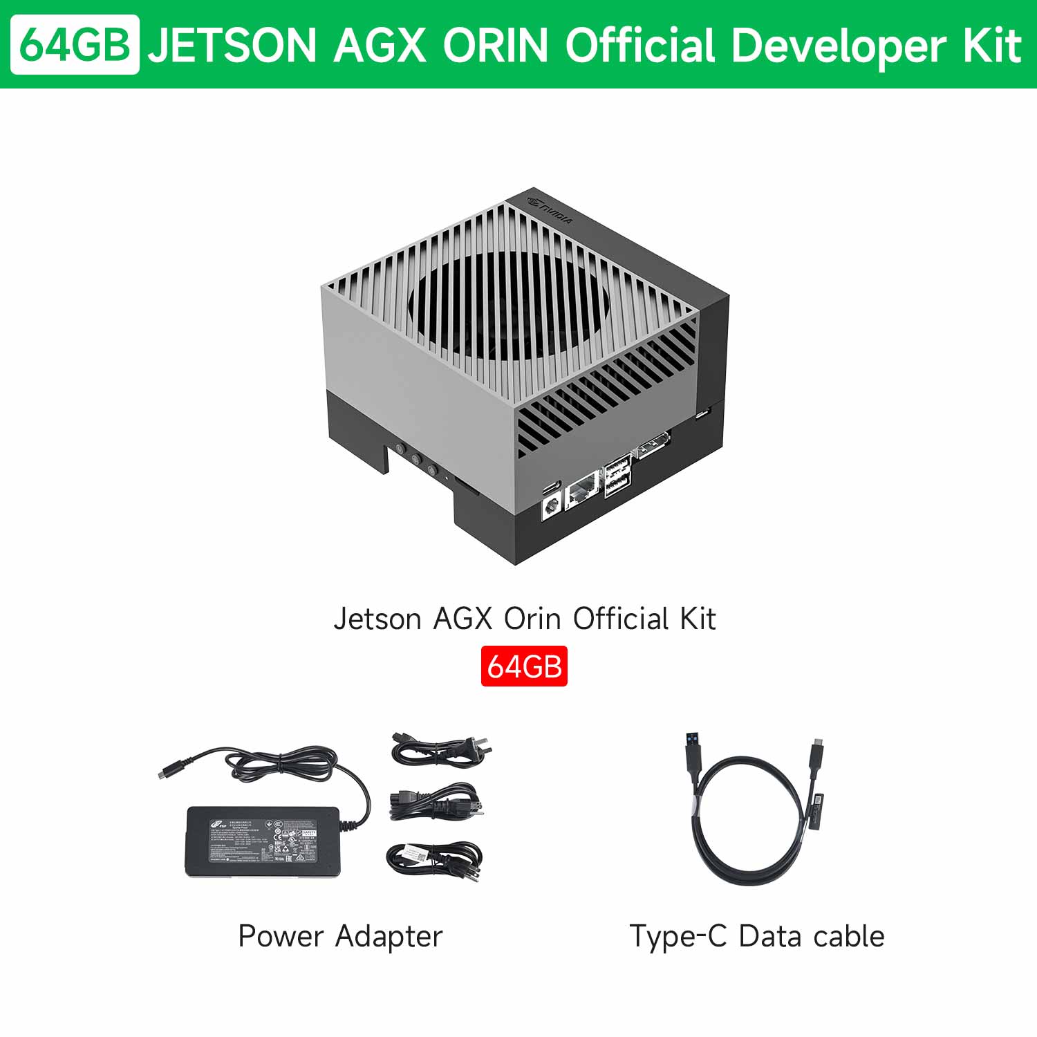 Jetson AGX Orin Official Developer Kit with power adapter and Type-C data cable on a white background