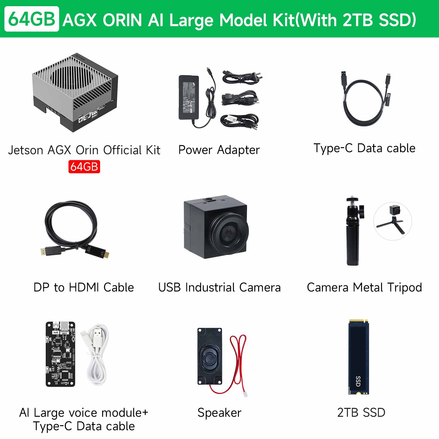 Components List: Jetson AGX ORIN 64GB with 2TB SSD and power supply on a white background.