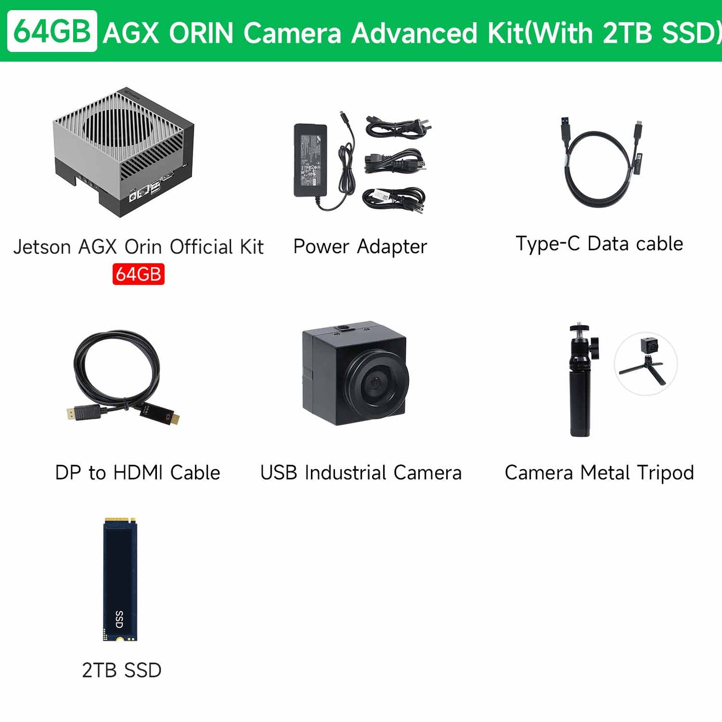 List of components included in a Jetson 64GB AGX ORIN Camera Advanced Kit on a white background.