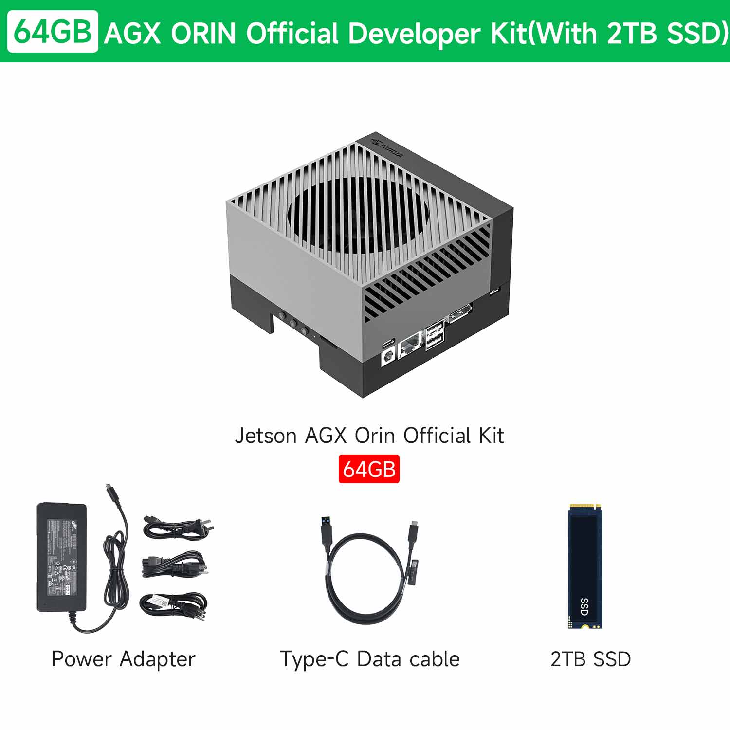 Jetson AGX Orin 64GB Official Developer Kit with 2TB SSD, power adapter, Type-C data cable.