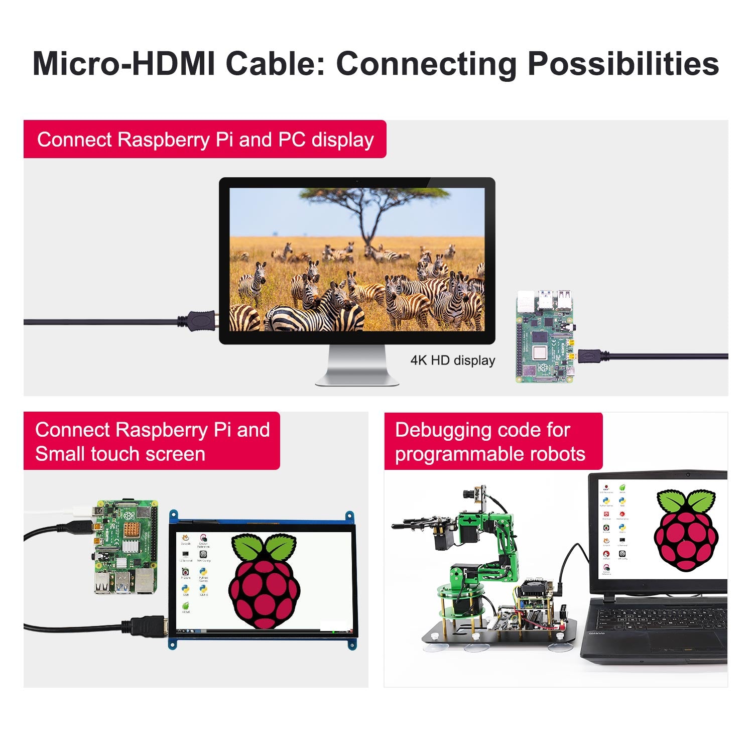 Micro-HDMI to HDMI cable for Raspberry Pi 5/4B