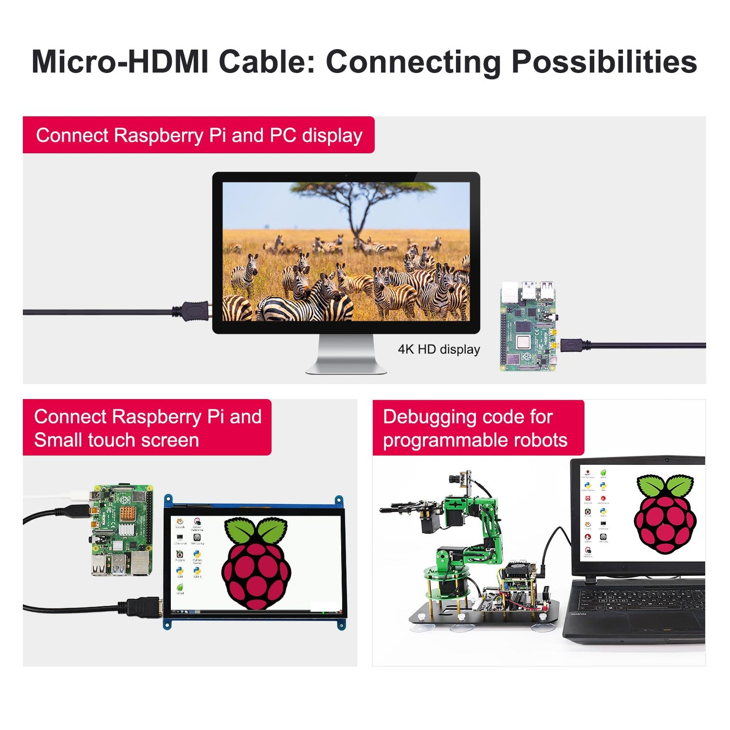 Micro-HDMI to HDMI cable for Raspberry Pi 5/4B
