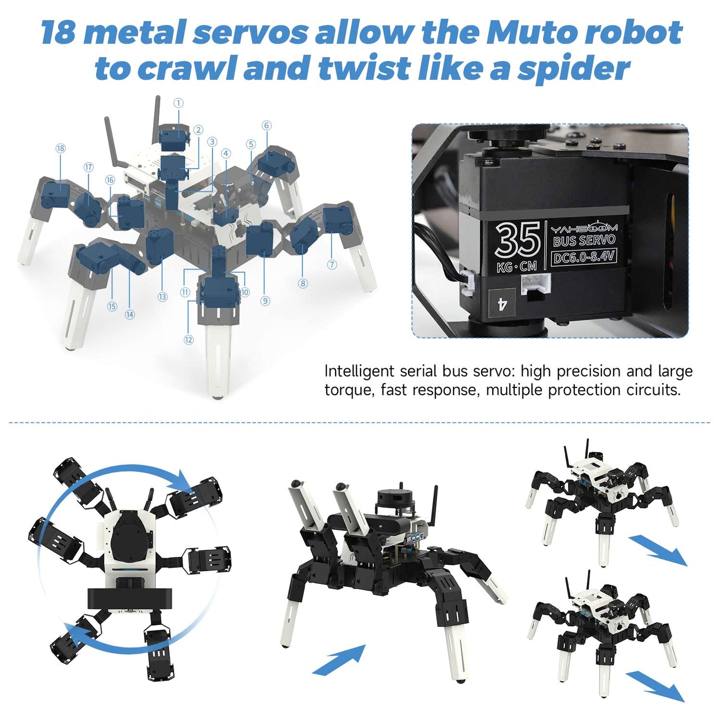 18 DOF Muto Hexapod Robot with Intelligent serial bus servo: high precision and large torcue, fast response