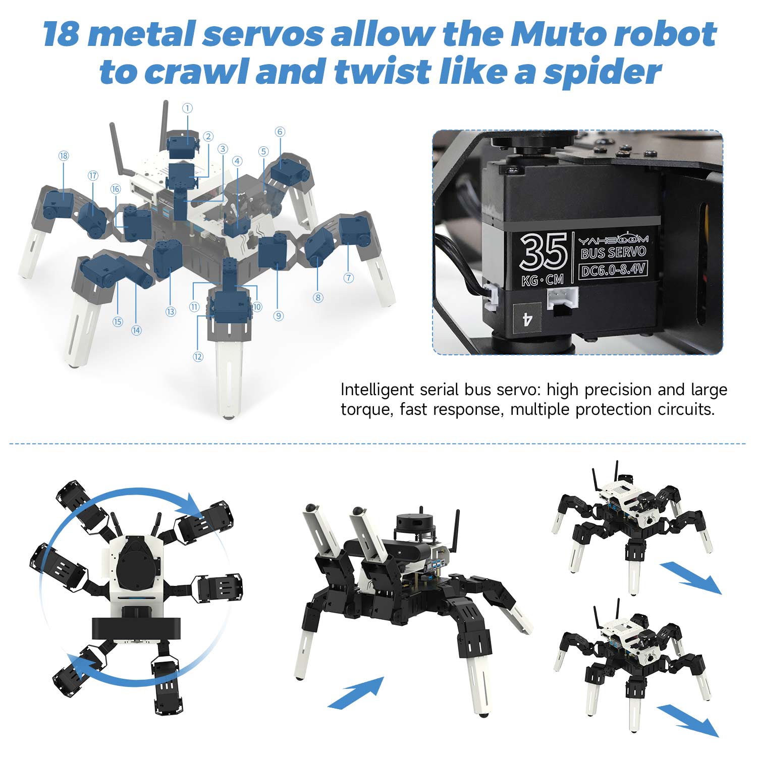 18 DOF Muto Hexapod Robot with Intelligent serial bus servo: high precision and large torcue, fast response