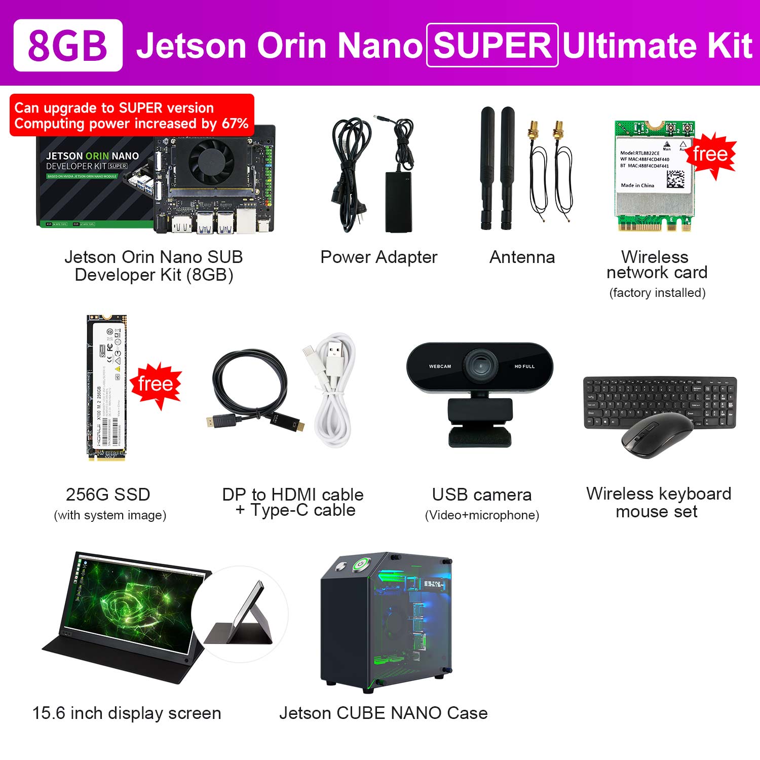 8GB
Jetson Orin Nano SUPER Ultimate Kit
Can upgrade to SUPER version
Computing power increased by 67%