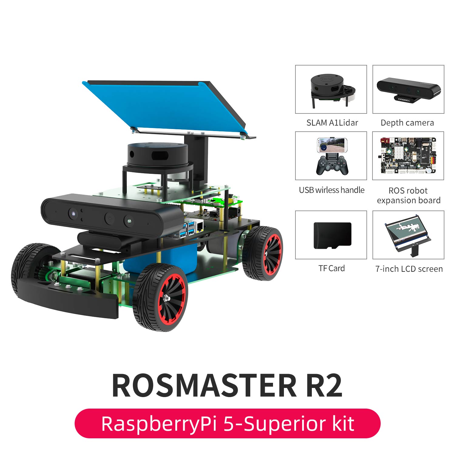 ROSMASTER R2 RPi 5 Superior version without development board accessories display: SLAM A1Lidar, depth camera, screen, etc.