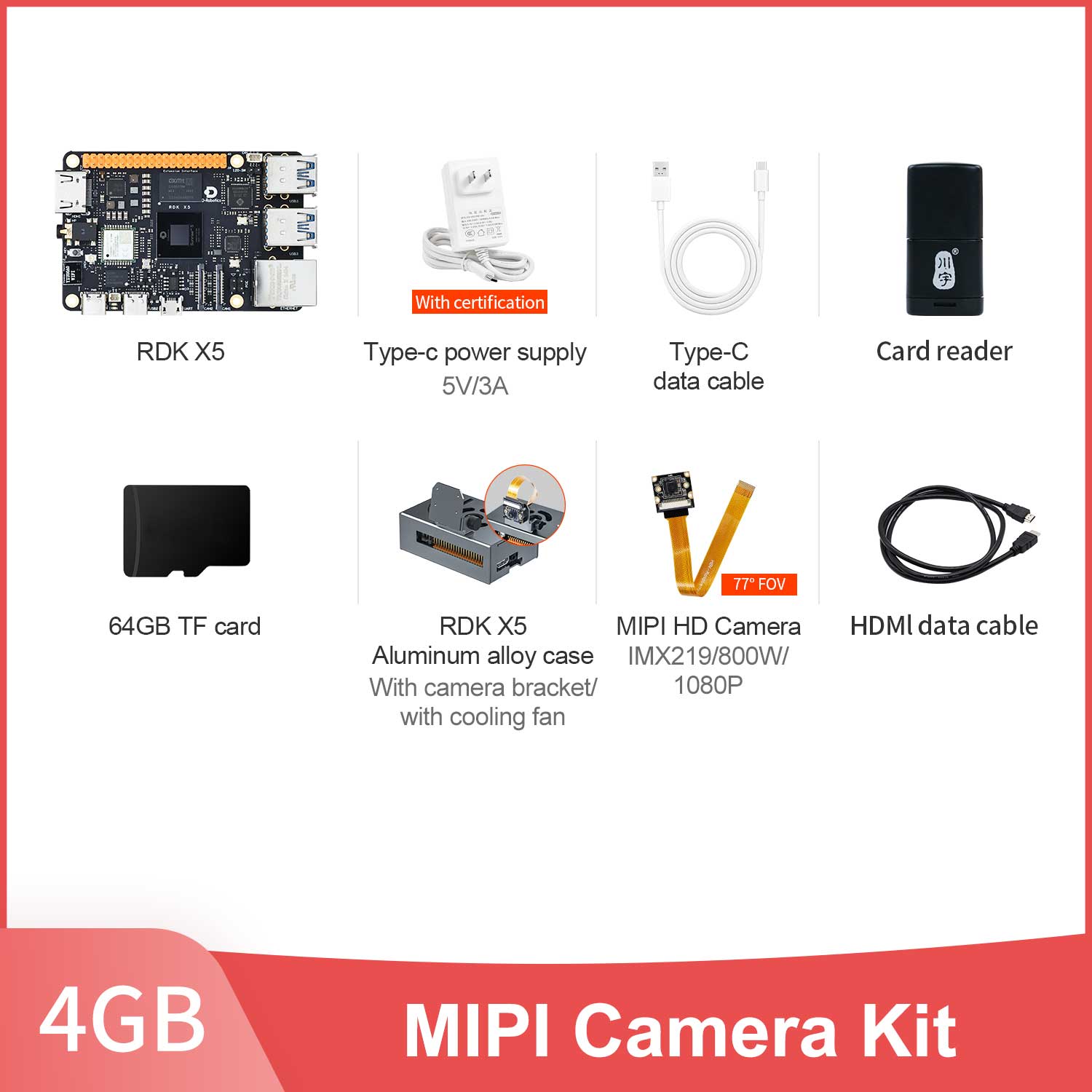 Yahboom MIPI Camera Kit with 4GB RDK X5 development board, MIPI HD camera, power supply and TF card.