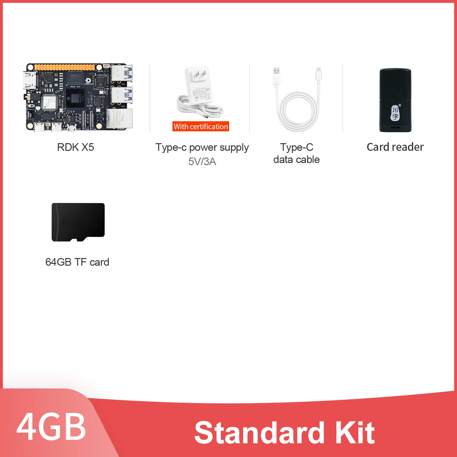 Yahboom 4GB RDK X5 development board Standard Kit with power supply, data cable, card reader and 64GB TF card.