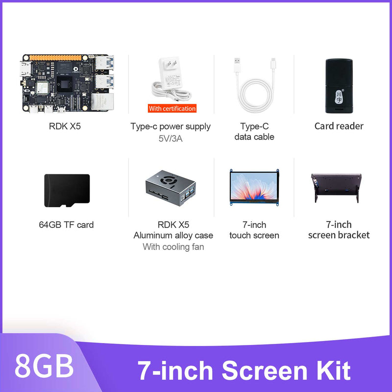 Yahboom 8GB 7-inch screen kit with RDK X5 board, type-c power supply, screen braket and case with coolong fan.