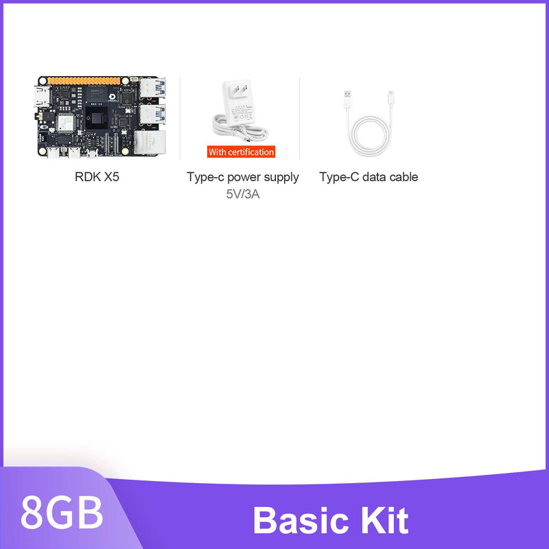 Yahboom 8GB Basic Kit with RDK X5 board, power supply and data cable on a white background