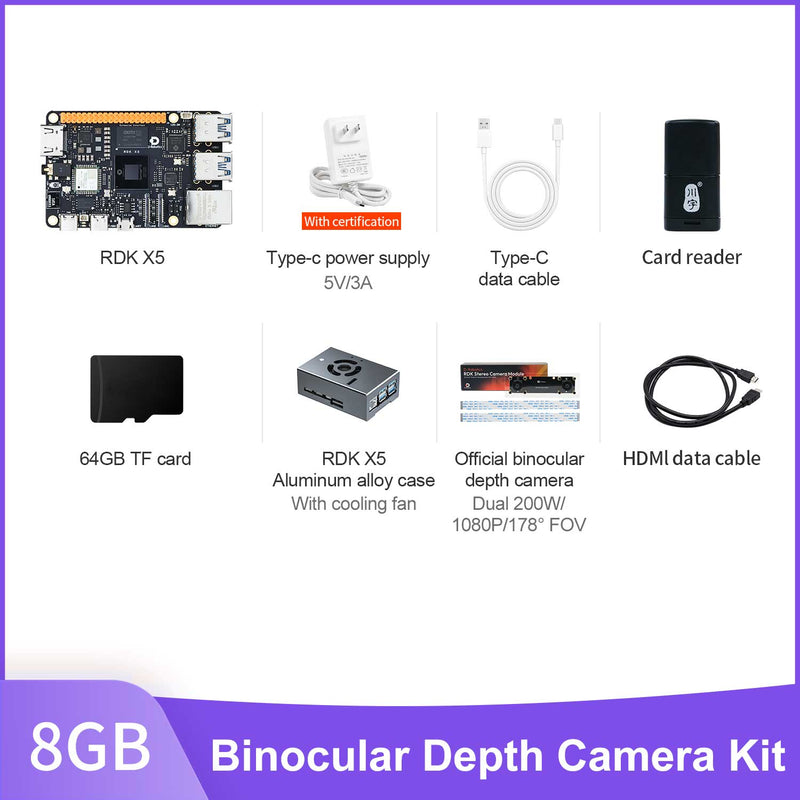 Yahboom 8GB Binocular depth camera kit with official RDK X5 developer board, case, data cables and 64GB TF  card  