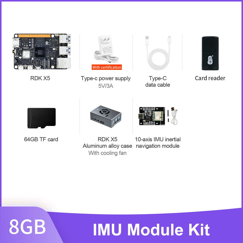 Yahboom 8GB IMU Module Kit with RDK X5 board, case, TF card, card reader and 10-axis IMU on a white background