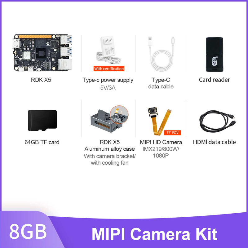 Yahboom 8GB MIPI Camera Kit with RDK X5 board, cube case and HDMI data cable on a white background