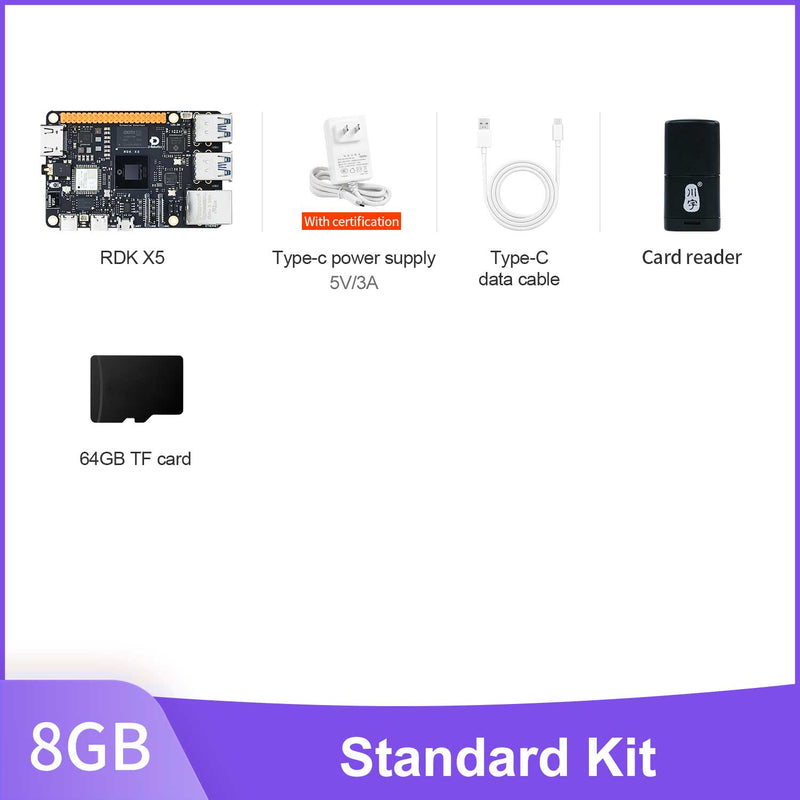 Yahboom 8GB Standard Kit with RDK X5, power supply, data cable, card reader and 64GB TF card on a white background.