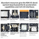 RDK X5 development board with features listed: 4/8G RAM, POE power supply, Dual MIPl input, WiFi 6+BT 5.4, debug serial port