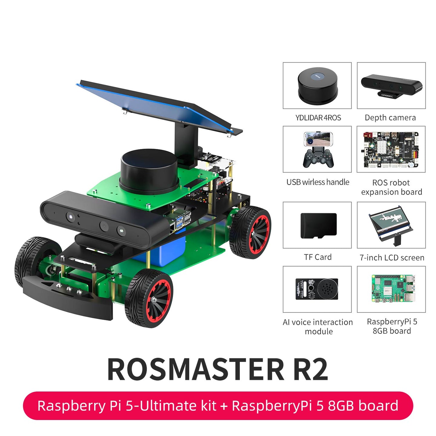 ROSMASTER R2 ROS2 AI voice interaction Robot with Ackermann structure for Jetson NANO 4GB/Orin NANO SUPER/Orin NX SUPER/RPi 5(Max Speed:1.8m/s)