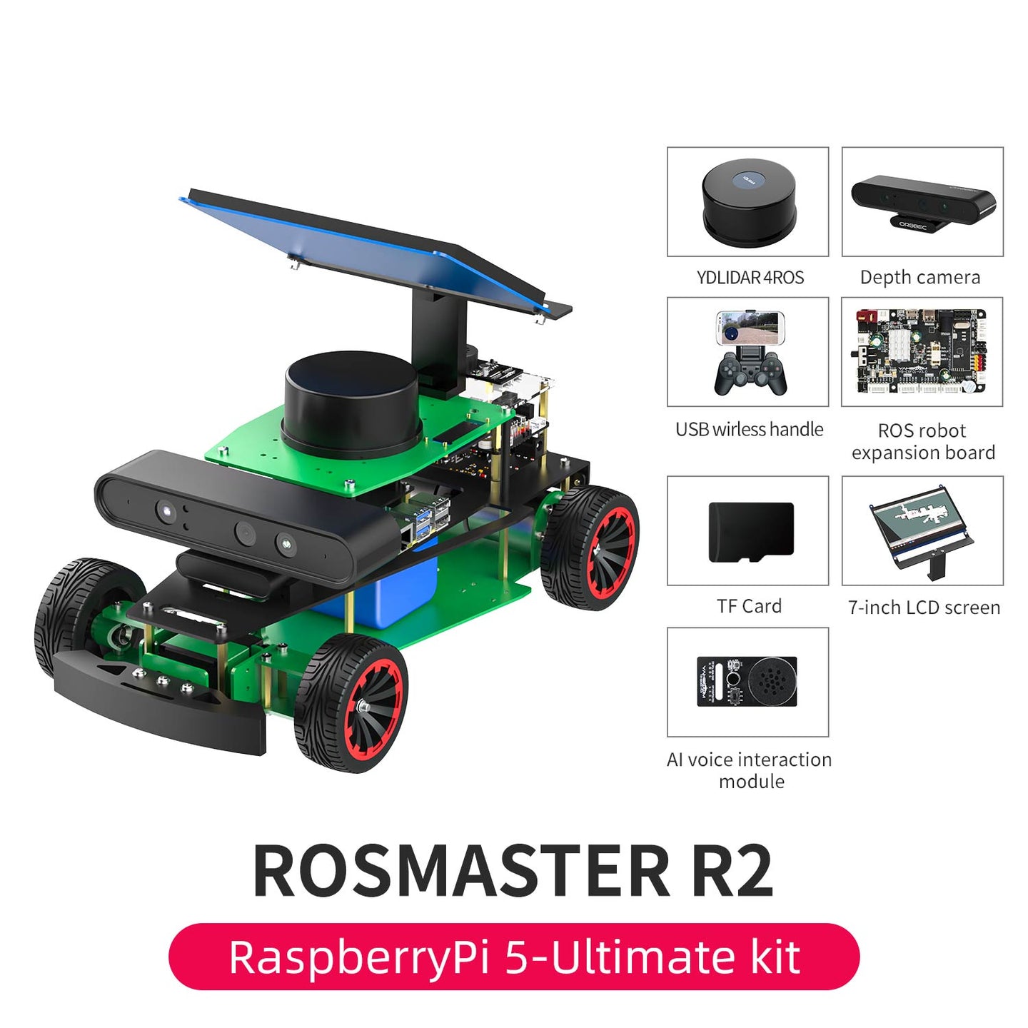 ROSMASTER R2 ROS2 AI voice interaction Robot with Ackermann structure for Jetson NANO 4GB/Orin NANO SUPER/Orin NX SUPER/RPi 5(Max Speed:1.8m/s)