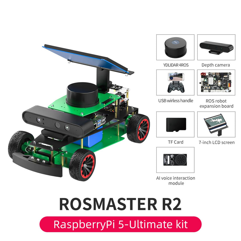 Robot ROSMASTER R2 ROS2 avec structure Ackermann pour Jetson NANO 4GB/Orin NANO/Orin NX/RPi 5/4B (vitesse max : 1,8 m/s)