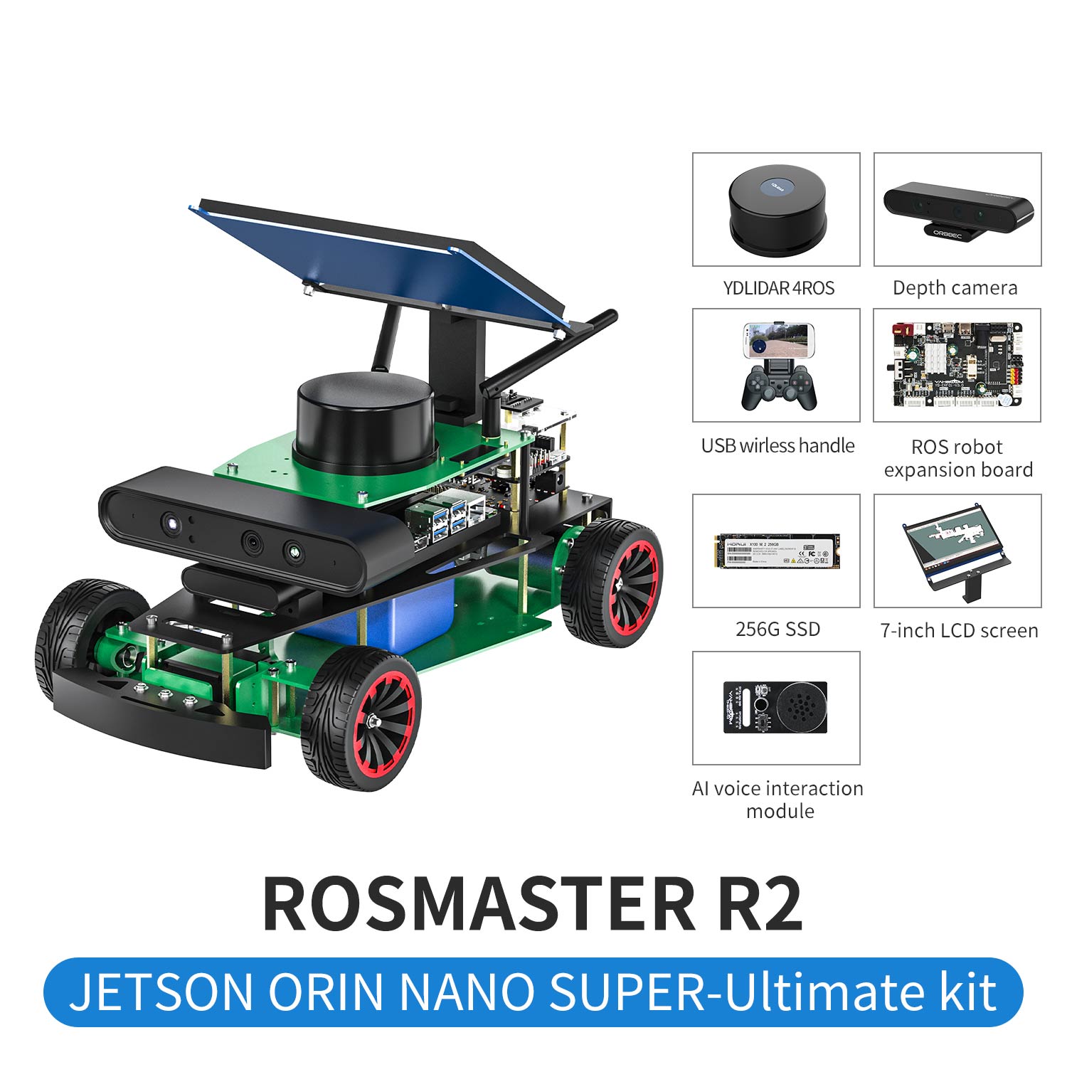 ROSMASTER R2 ROS2 AI voice interaction Robot with Ackermann structure for Jetson NANO 4GB/Orin NANO SUPER/Orin NX SUPER/RPi 5(Max Speed:1.8m/s)
