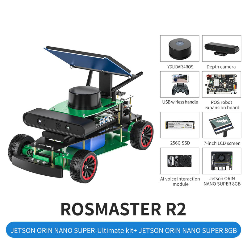 Robot ROSMASTER R2 ROS2 avec structure Ackermann pour Jetson NANO 4GB/Orin NANO/Orin NX/RPi 5/4B (vitesse max : 1,8 m/s)
