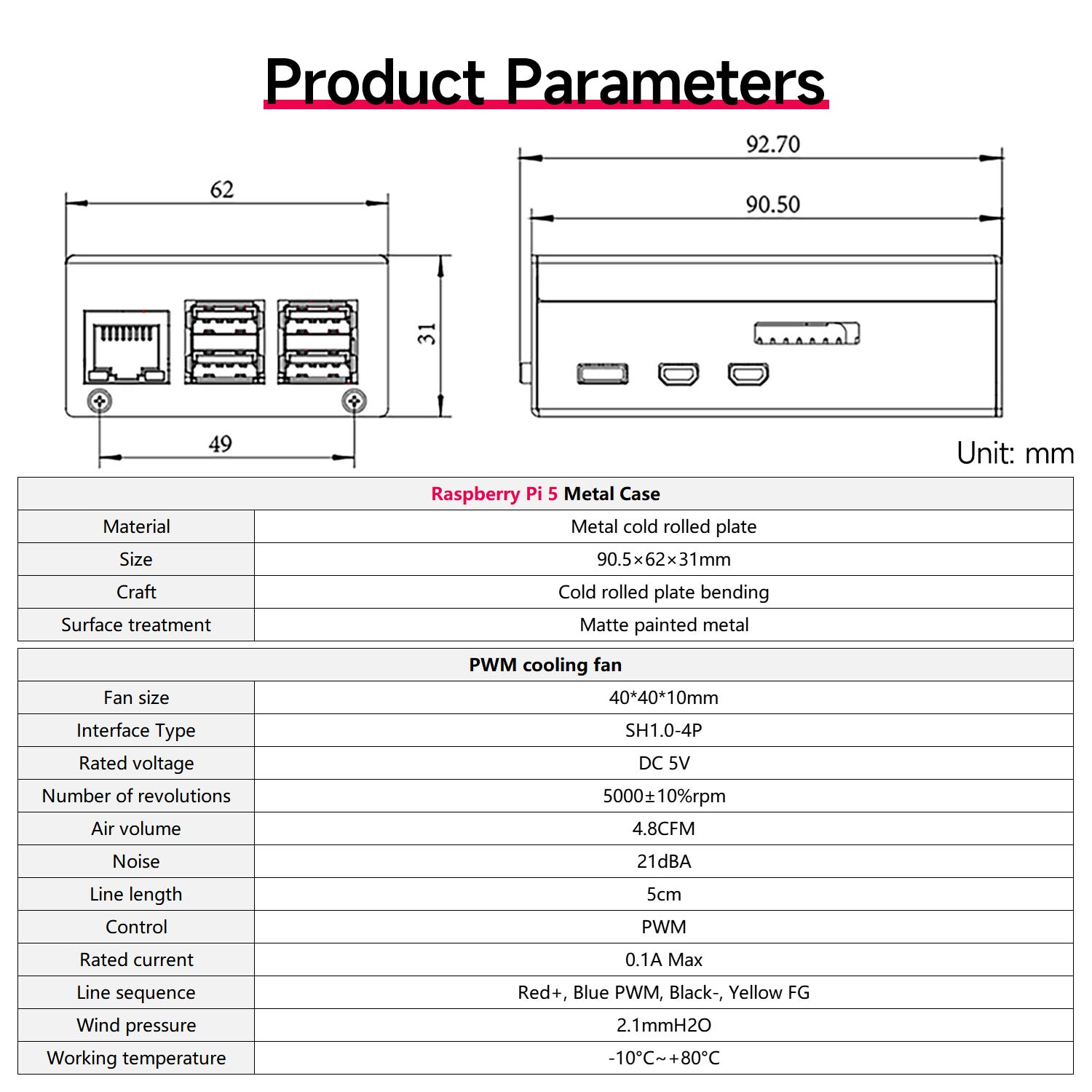 Carcasa metálica para Raspberry Pi 5 con ventilador de refrigeración PWM