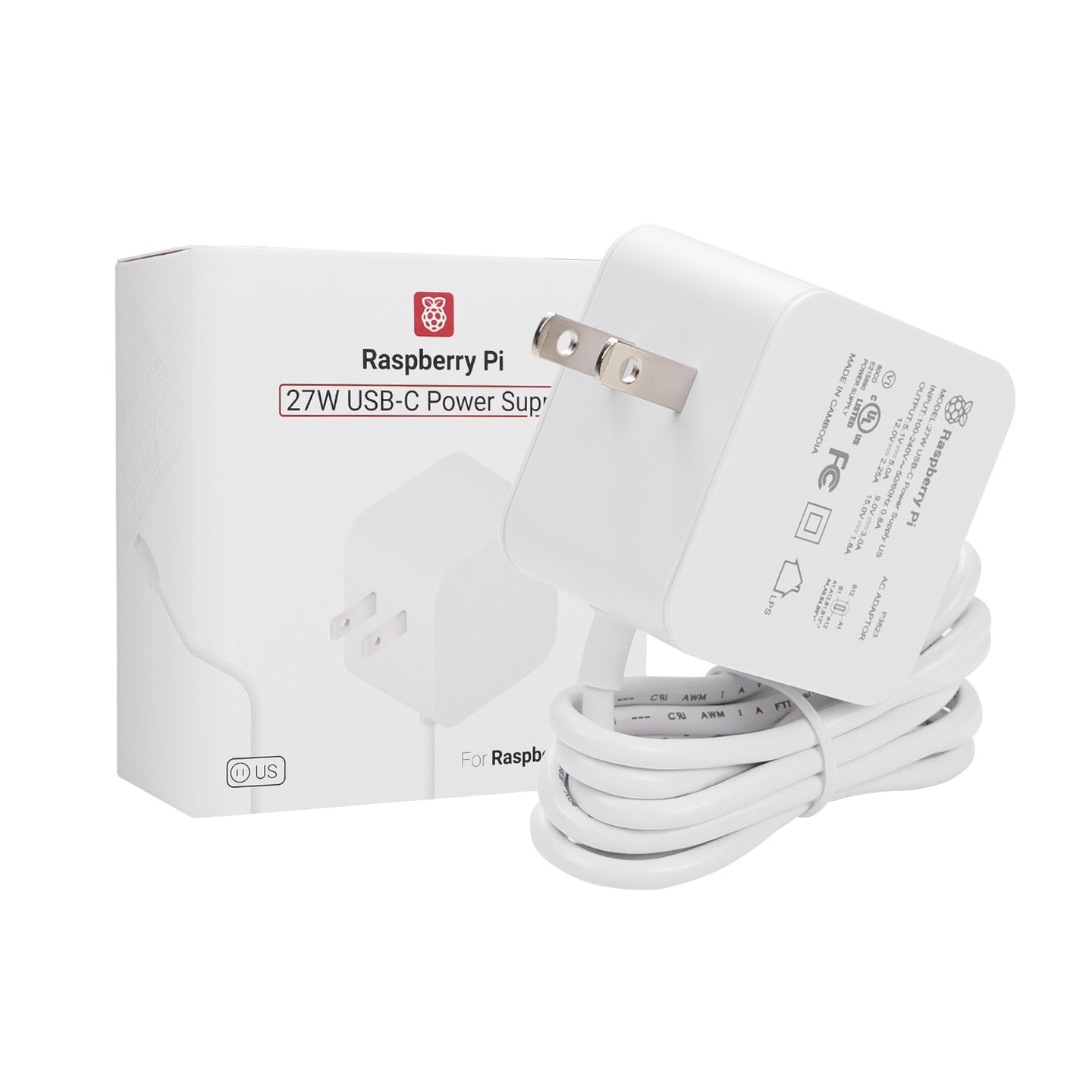 Fuente de alimentación oficial para Raspberry Pi 5 (enchufe estadounidense USB-C de 27 W)
