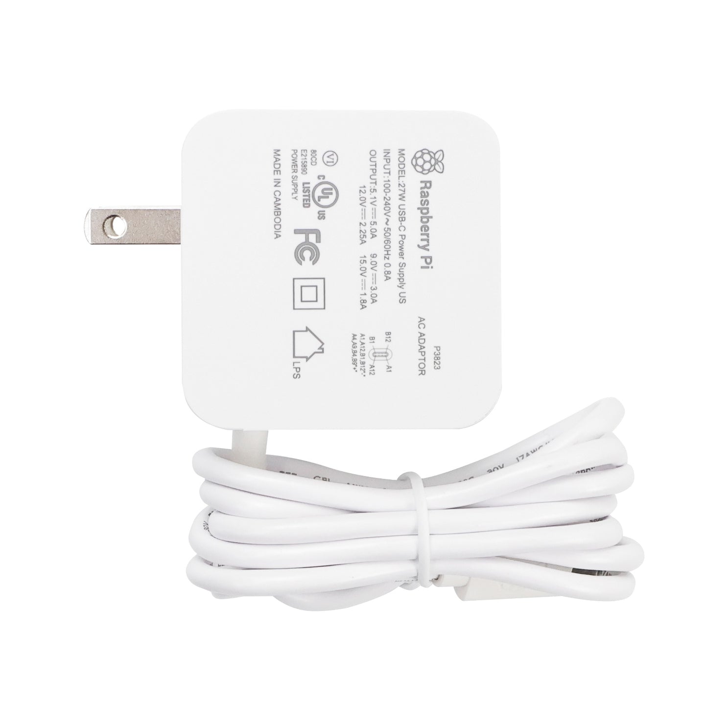 Fuente de alimentación oficial para Raspberry Pi 5 (enchufe estadounidense USB-C de 27 W)