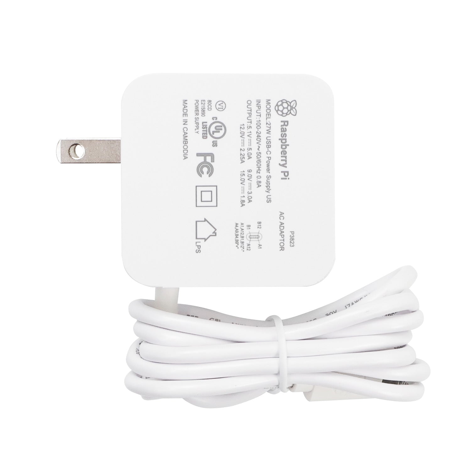 Fuente de alimentación oficial para Raspberry Pi 5 (enchufe estadounidense USB-C de 27 W)