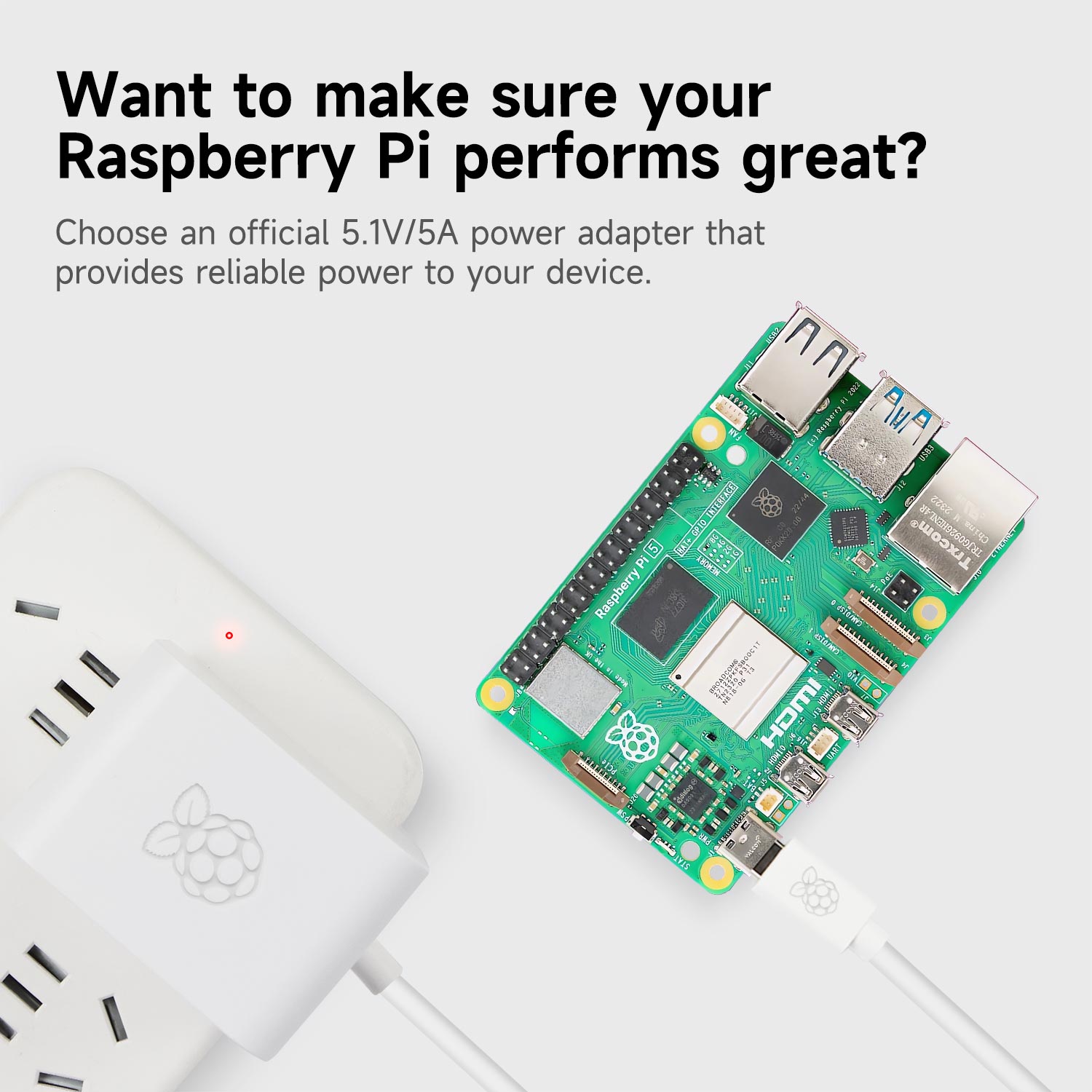 Fuente de alimentación oficial para Raspberry Pi 5 (enchufe estadounidense USB-C de 27 W)