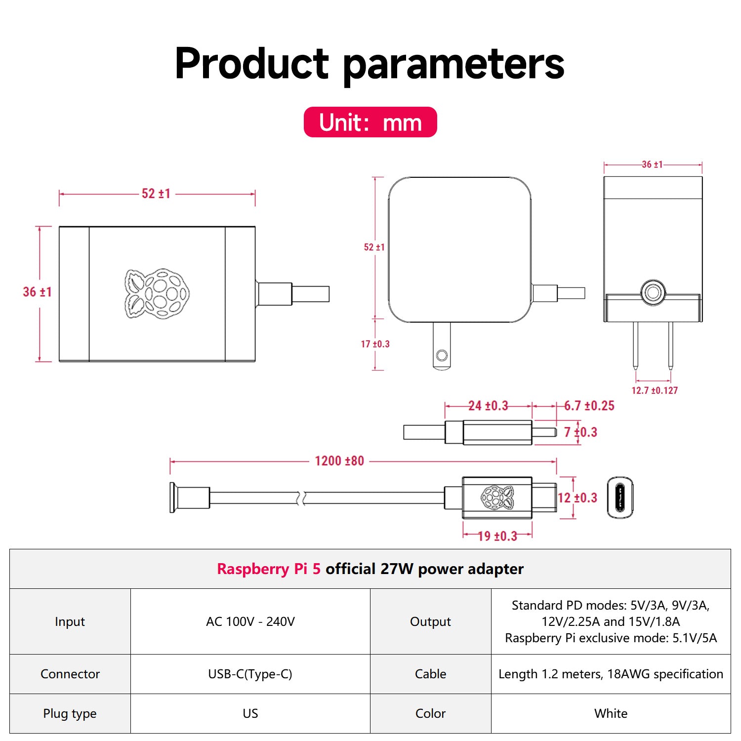Fuente de alimentación oficial para Raspberry Pi 5 (enchufe estadounidense USB-C de 27 W)