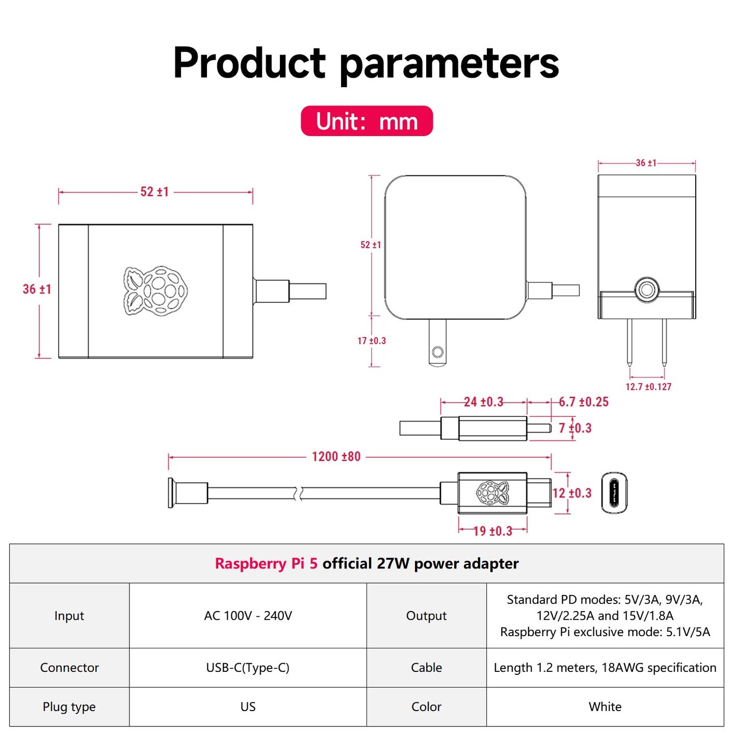 Fuente de alimentación oficial para Raspberry Pi 5 (enchufe estadounidense USB-C de 27 W)