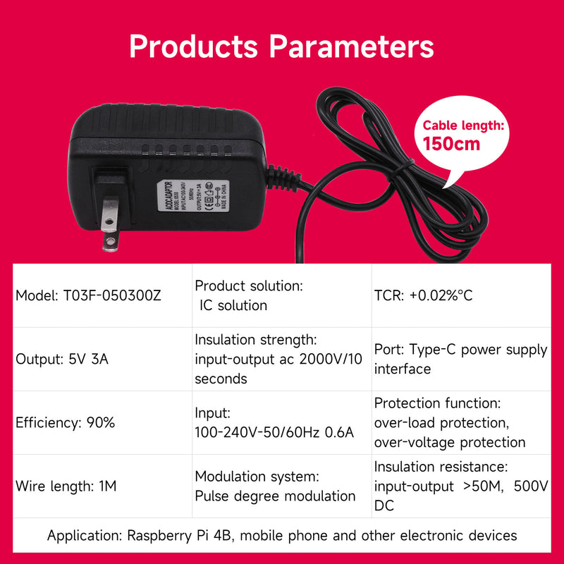 5V/3A Type-C power apdapter with switch for Raspberry Pi 4B/Pi 400