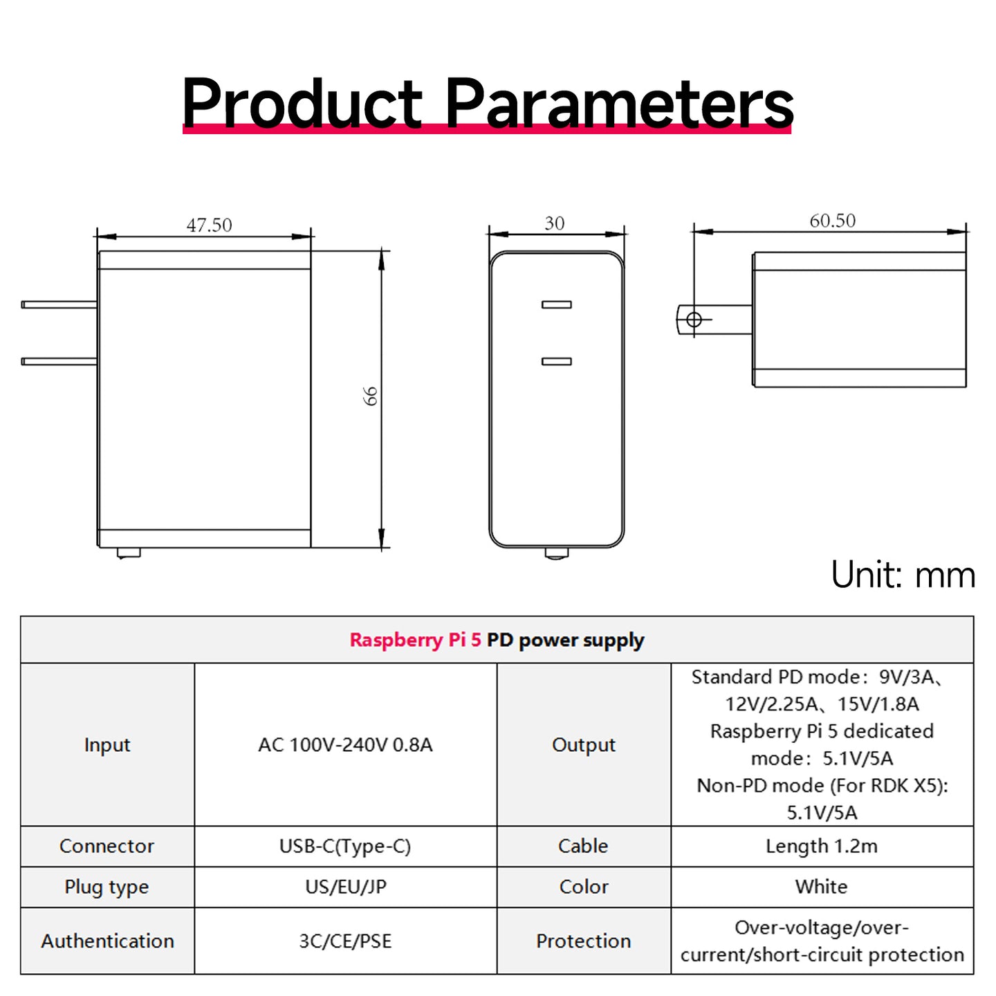 27W 5.1V/5A PD Power Supply for Raspberry Pi 5