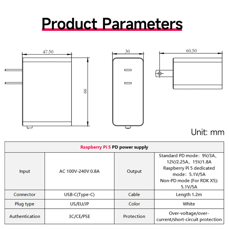 27W 5.1V/5A PD Power Supply for Raspberry Pi 5(US/EU/JP)