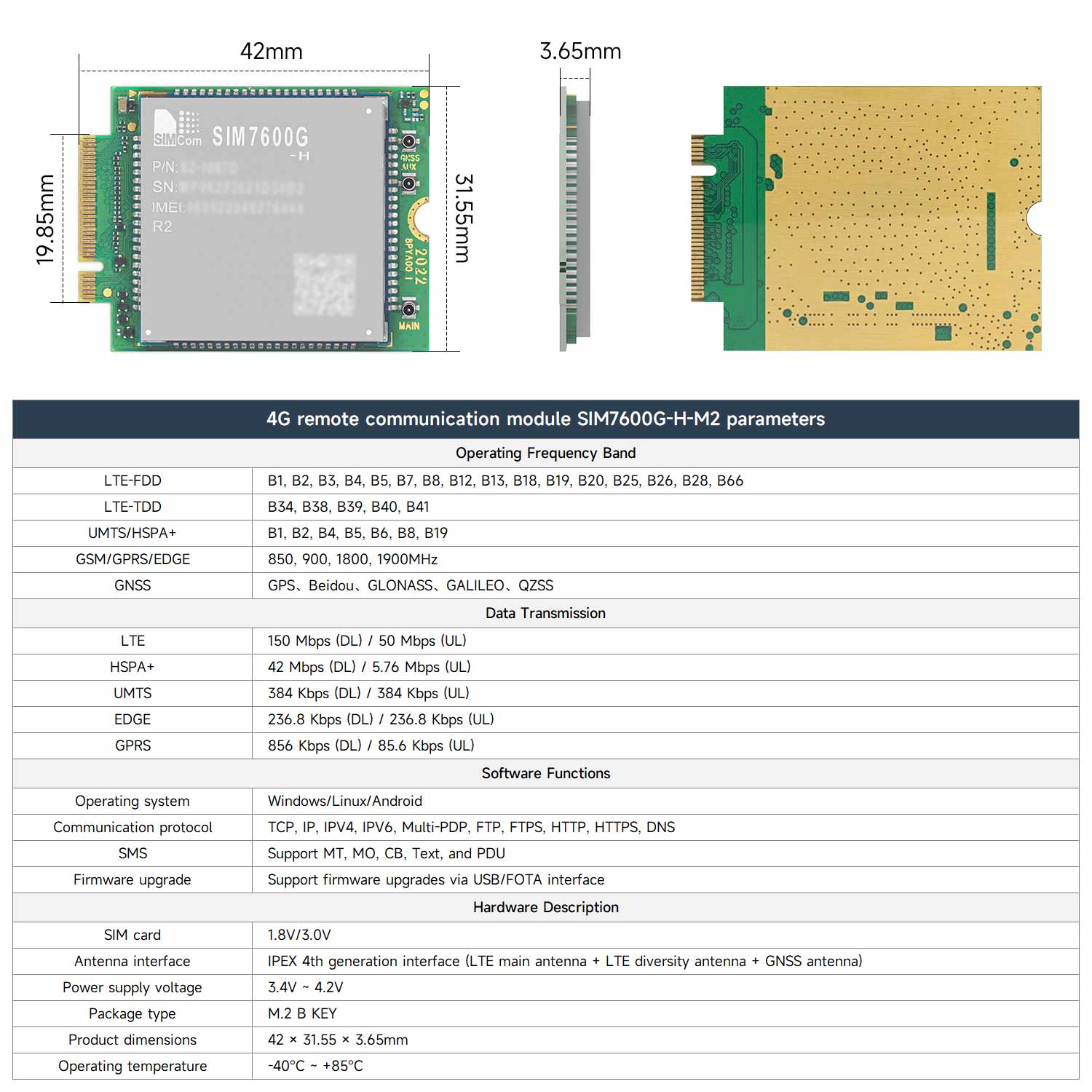 SIM7600G-H-M2 LTE Cat-4 Module, Global Coverage support 4G, GNSS, M.2 B KEY interface