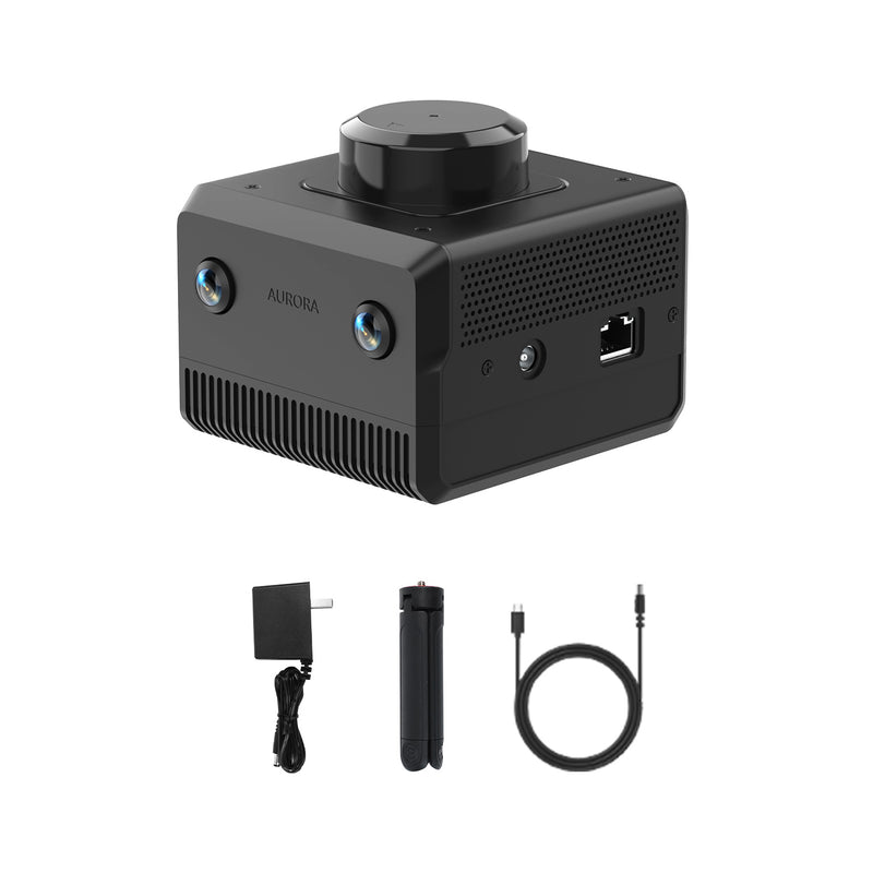 SLAMTEC Aurora shipping list includes a laser LiDAR, a 12V power adapter, a bracket and a PD protocol cable.