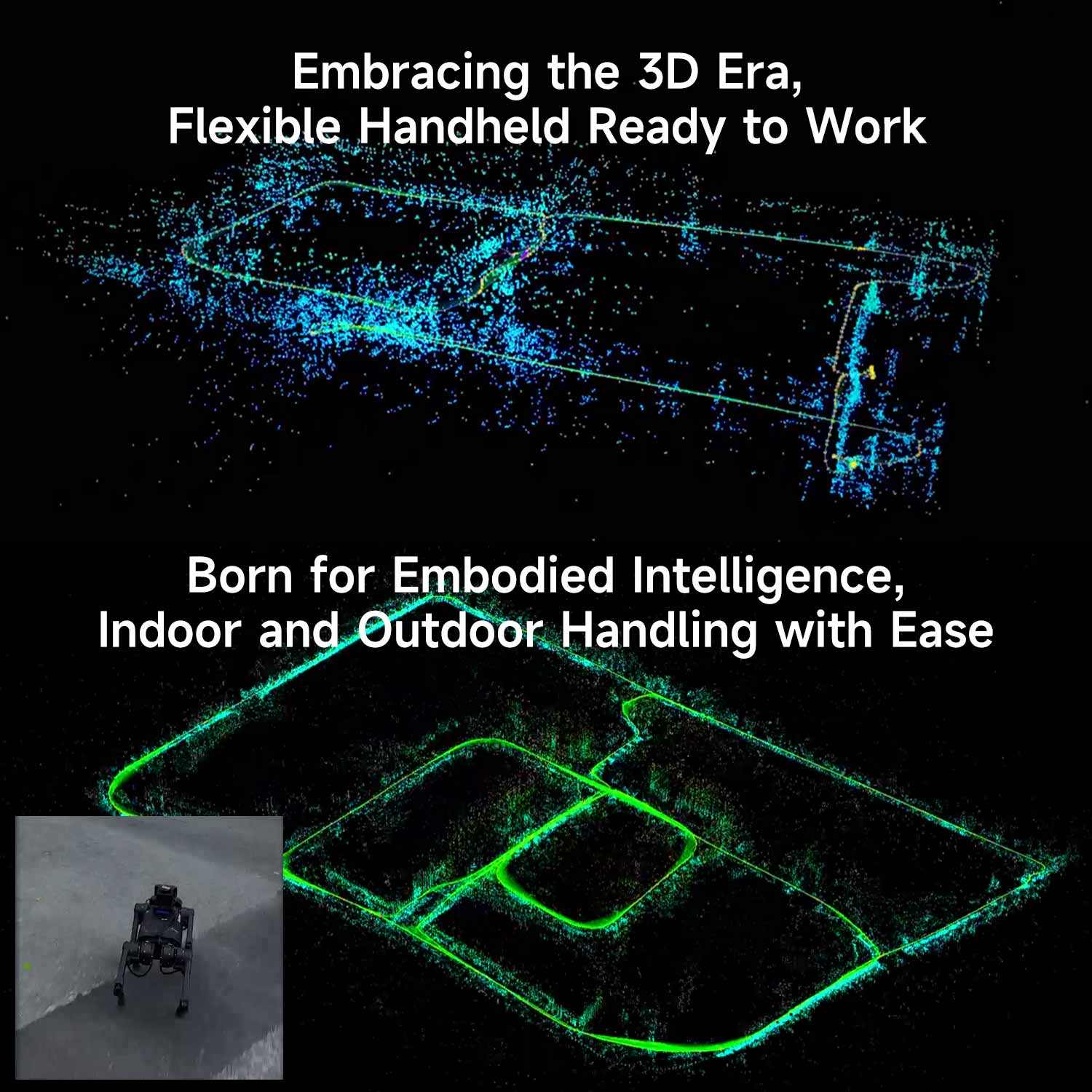 Aurora can be flexibly mounted on a robot dog and easily draw indoor and outdoor 3D mapping