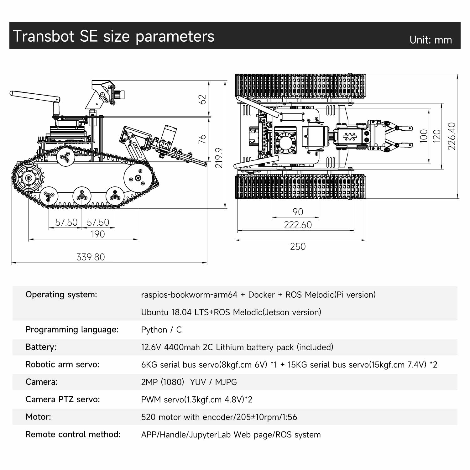 Transbot SE dimensional parameters of top and side views