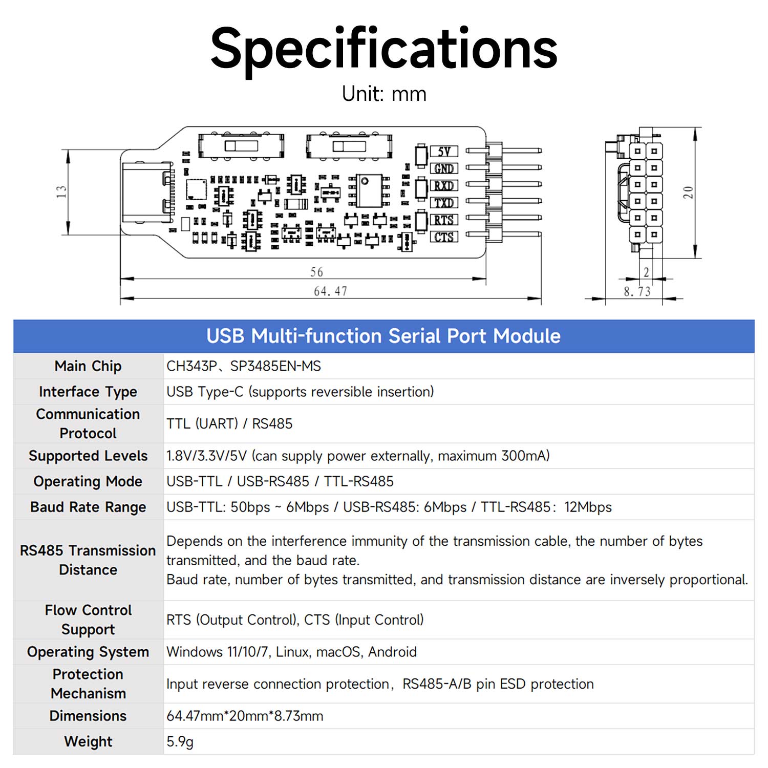 Yahboom USB Multi-functional Serial Port Module for STM32, ESP32, RPi, Jetson, RDK