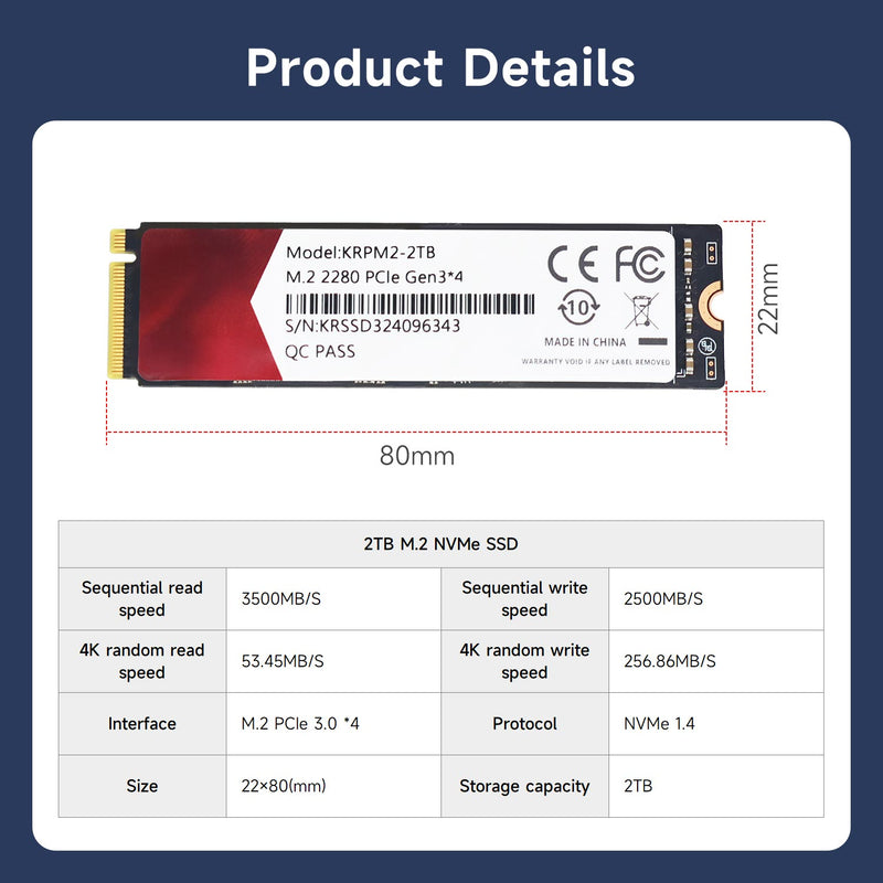 256GB/512GB/1TB/2TB NVMe Solid State Drive M.2 PCIe 3.0 Port Size